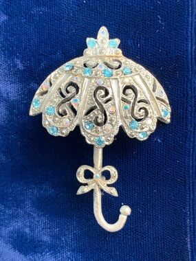 Vintage Rhinestone Umbrella Brooch with Blue Accents